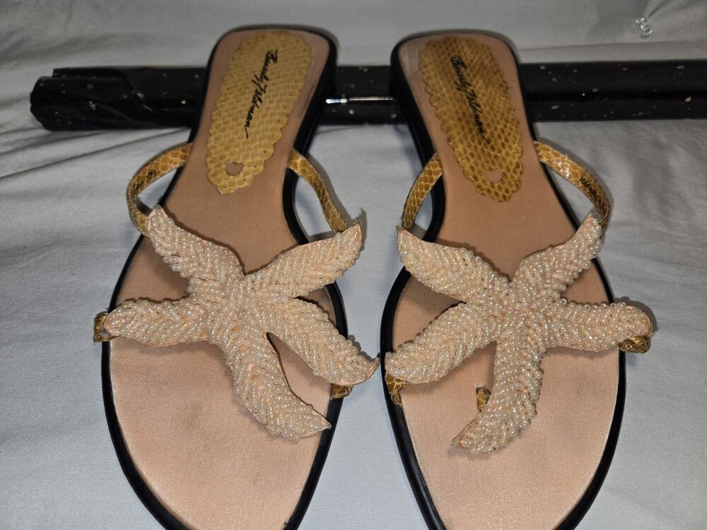 Beverly Feldman Beaded Starfish Sandals Thong Slides Womens 10 Pale Pink Cruise